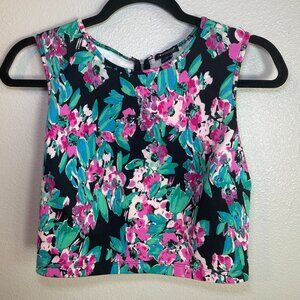 I Heart Ronson Crop Top Size Medium Zip Floral Black Pink Green Tropical